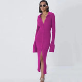 Free Shipping Autumn Bodycon Dress Sweater Knitted Green Women Sexy Midi Split V Neck Long Sleeve Casual Dresses Party