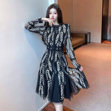 Fashion Ladies Embroidered Flower Dress Women O-Neck Elegant Vintage Dot Mesh Patchwork Lace Knee-length Dress