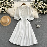 Autumn Women Green/Orange/White Hollow Out Midi Dress Elegant V-Neck Puff Short Sleeve High Waist Party Robe Female Vestido