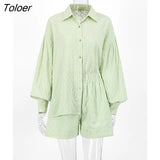 White Elegant Jacquard Fabric Soft Vacation Suits Women Long Sleeves Shirts And Hot Pants Two Pieces Outfits