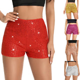 Women Sequins Shorts Summer Clothes Mid Waist Elastic Band Sparkly Glitter Hot Straight Leg Shorts Sexy Club Streetwear-Outfit