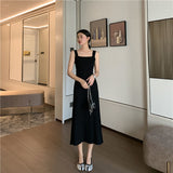 Dress Women All-match Knitting Vestido Vintage Spring Slim Daily Square Collar Solid Simple Clothing Spaghetti