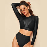 Toloer Sleeve Smock Mesh Bikini Swimsuit Split High Waist Triangle Three Piece Swimsuit