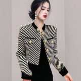 Autumn Winter Fashion Black Striped Tweed Jacket Coat Vintage Temperament Women Metal Buttons Long Sleeve Short Outwear
