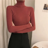 WOTWOY Ribbed Knitted Turtleneck Sweater Women Autumn Winter Slim Fit Basic Pullover Female Long Sleeve Black White