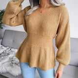 Women Knitted Sweater Lantern Sleeve Ruffled Hem V-Neck Solid Warm Pullover Ladies Elegant Korean Causal Sweaters 2021 Top