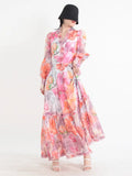 Printing Casual Long Dresses For Women V Neck Lantern Sleeve High Waist Patchwork Edible Tree Fungus Maxi Dress