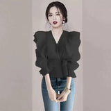 Hong Kong Flavor Lotus Leaf Side V-Neck Shirt 2025 Design Feeling Waist Thin Chiffin Shirt