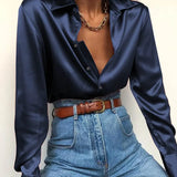 Fashion Women Satin Blouse Shirt 2022 Autumn Long Sleeve Lapel Button Shirt Elegant Tunic Top Solid Slik Blusas