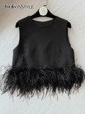 TWOTWINSTYLE Black Tank Tops For Women Round Collar Sleeveless Solid Patchwork Feathers Hem Vests Female Korean Fashion