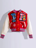 Autumn Letter Print Patchwork Varsity Jackets Casual Outfit For Women 2023 Long Sleeve Button Up Cropped Jacket
