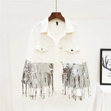 Black Casual Patchwork Jacket For Women Lapel Long Sleeve Sequin Tassel Jackets Female Fashion New Clothes
