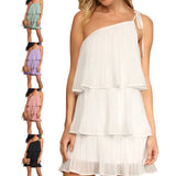Women One Shoulder Mini Dress Summer Clothes Sleeveless Ruffle Tiered Layered Pleated A Line Flowy Hem Dress Sexy Streetwear-Outfit
