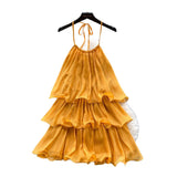 Dress Women 2025 Summer French Atmosphere With A Sense Of Hanging Neck Sling Lotus Side Splicing Cake Holiday