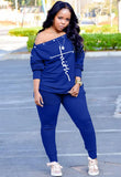 Print Slash Shoulder Shirt and Pants Casual 2 Piece