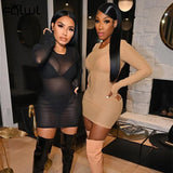 Summer See Through Dresses For Women 2021 Long Sleeve Sexy Party Fashion Bodycon Dress O Neck Mesh Black Mini