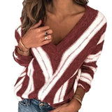 Womens Fashion Long Sleeve V Neck Striped Knitting Casual Tunic Blouse Sweater Suter Trui