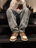 Street Jeans Men's Star Embroidery Design Straight Trousers Chao Brand Ins Loose Wide-Leg Trousers-Outfit