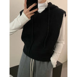 Autumn New Korean Women's Casual Solid Color Hooded Knitted Vest Loose-Fitting Short Sweater Vest-Outfit