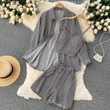 Women 3 Pieces Set Houndstooth Plain Green/Black/Orange Turn-Down Collar Single Breasted Blouse + Strap Camis + Shorts Suits