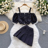 Strap Women Set Drawstring Summer 2022 Fashion Single Breasted Backless Tops+ Mini Skirt Korean Style Two Piece