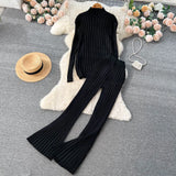 Solid Winter Slim Sweater Sets Female Stand Collar Long Pullover+Casual Wide Leg Pants Fashion Knit Two Pieces
