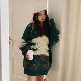 New Design Red And Green Christmas Sweater Women Sequins Furry Christmas Tree Winter Pullover Loose Long Sweater Outer