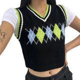 Y2K Sleeveless Autumn Sweater Pullover Casual Plaid Knitted 90s Knitted Crop Sweaters Casual Autumn Preppy