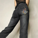 Street Style 2023 Women's Wear Butterfly Embroidery Retro Design Low-Waisted Jeans-Outfit