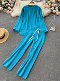 Casual Winter Loose Sweater Sets O Neck Tops+Drawstring Wide Leg Long Pants 2022 Women OL Solid Knit Two Pieces