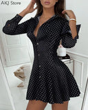 Women Elegant Turn Down Collar Polka Dot Print Pleated Skater Shirt