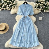 Summer Women's Dress Small High-End Embroidery Single Buckle Waist Elegant Knee Long