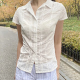 Summer New Solid Color Buckle Shirt Top Female Thin Perspective Body Display Leisure Short Sleeve