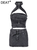 Women's Denim 2 Pcs Set Halter Hollow Out Camis High Waist Slim Black Belt Skirt Suits 2024 Summer New Fashion 11D10231-Outfit