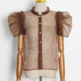 Casual Shirts For Women Slim Stand Collar Puff Short Sleeve Colorblock Blouses Female 2021 Summer Clothing