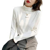 Velvet Bottomed Shirt With Autumn And Winter Foreign Style Long Sleeves 2023 New Half-High Collar Velvet Thickened T-Shirt Blouse-Outfit