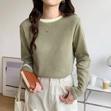 Long-Sleeved T-Shirt Women's New Design Is Full Of Impact Color Round-Neck Waffle Top And Bottom Shirt.-Outfit