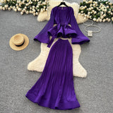 Fashion Strap To The Waist Horn Sleeve Lotus Loaf Under The Pendulum Folding Folding Top + High-Waisted Fish Tail Half-Body