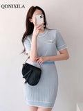 Summer Women's Suit with Skirt Dress Set Elegant Sweet Solid O-Neck Short Sleeve Knitted Shirt Sweater Skirt 2 Piece