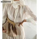 Elegant Chic Turtleneck Lace-up Solid Blouses Tops for Women Full Sleeve Loose Female Pullovers Shirts 2021