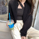 Autumn Casual Long Sleeve Croppd Cardigan Sweater Korean Solid Black White Jumpers Ladies Fashion Loose