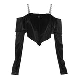 Velvet Gothic Sexy Off Shoulder T-shirts Grunge Elegant Long Sleeve Women Cropped Tops Backless Strap