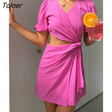 Sexy Hollow Out Summer Female Wrap Dresses 2022 Cotton Linen Casual Pink Pencil Dress Women V-Neck Puff Sleeve Short