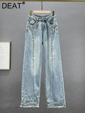 Women's Jeans Diamond Spliced High Waist Long Loose Straight Wide Leg Burrs Denim Pants 2024 Summer New Fashion 29L2711-Outfit