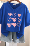 100% Cotton L-6XL T Shirt Plus Size Tshirt Short Sleeve Women Top Summer Heart Print Sweet V Neck Oversized T