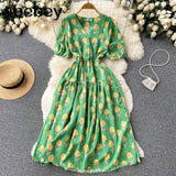 Sweet Floral Dresses Women V Neck Puff Sleeve Print Boho Beach Dress Summer Bohemian Print A-line Midi Dress