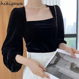 Blusas Mujer De Moda 2023 Vintage Shirts Women Square Collar Puff Sleeve Elegant Blouses Korean Velvet Black Tops