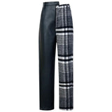 PU Trousers For Women High Waist Hit Colors Asymmetrical Patchwork Ankle Length Wool Pants Female 2022 Spring