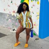 Women's Hollow Collar Collar Top High-Waisted Shorts Knitted Two Sets 2025 Striped Elements
