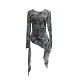 Print Double-Layer Mesh Long-Sleeved Top Design Feel Irregular Ribbon-Up T-Shirt